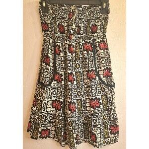 Fire‎ LA Boho Floral Geometric Crinkle Cotton Minidress Black Red Olive S Edgy